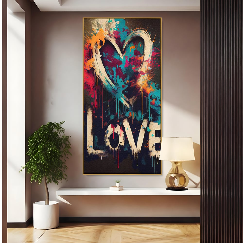 Tablou canvas cu tablou canvas cu inima graffiti si cuvantul love, in rama de aluminiu auriu